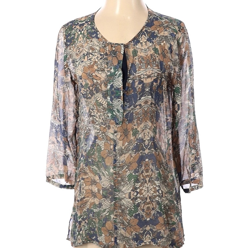 Club Monaco Silk Sheer Floral Print Tunic Top - Blue, Green & Brown